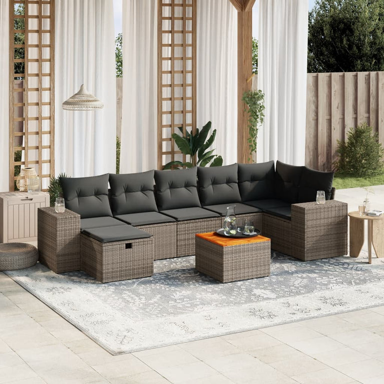 8-delige Loungeset met kussens poly rattan grijs