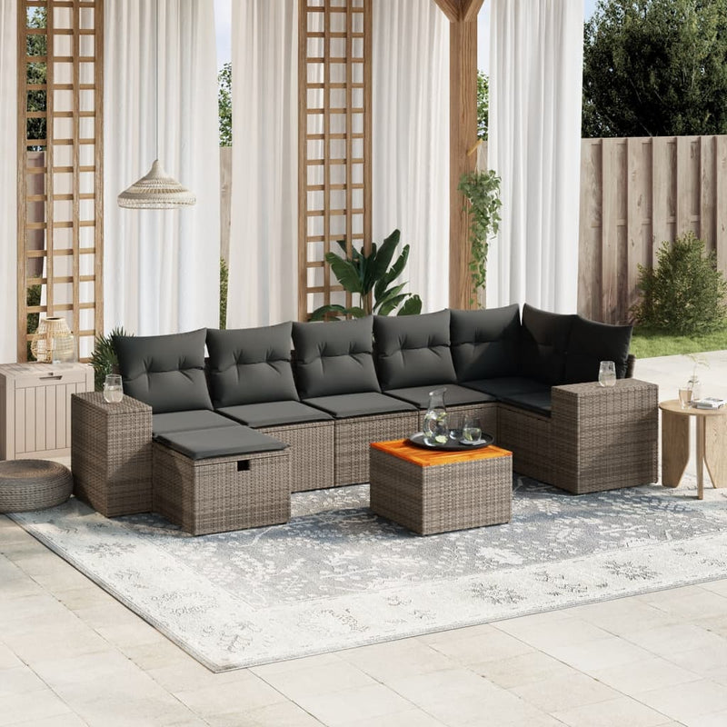 8-delige Loungeset met kussens poly rattan grijs