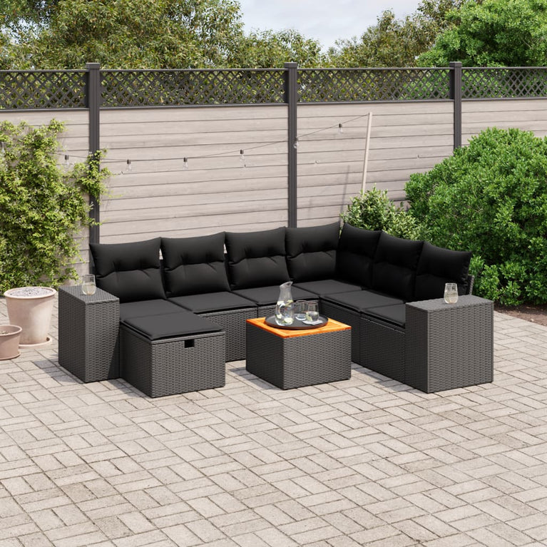 8-delige Loungeset met kussens poly rattan zwart