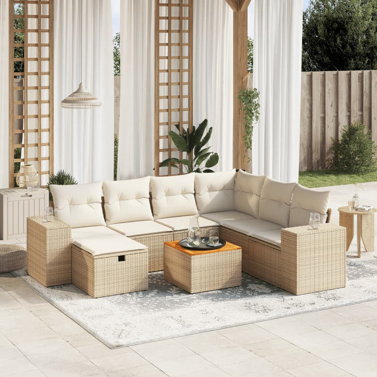 8-delige Loungeset met kussens poly rattan beige