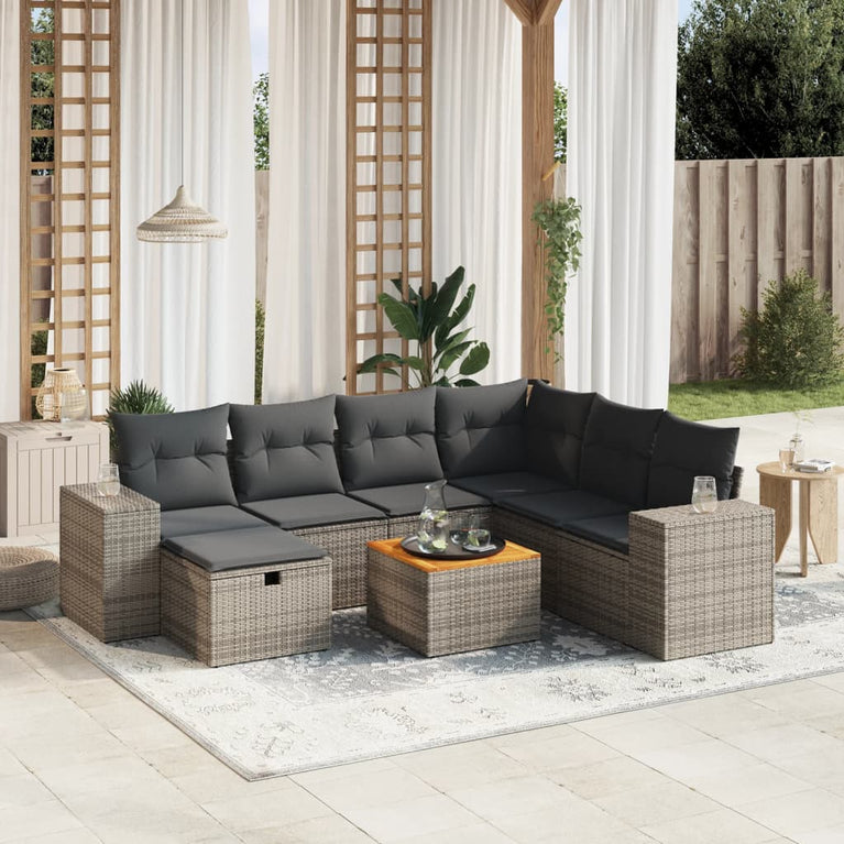8-delige Loungeset met kussens poly rattan grijs