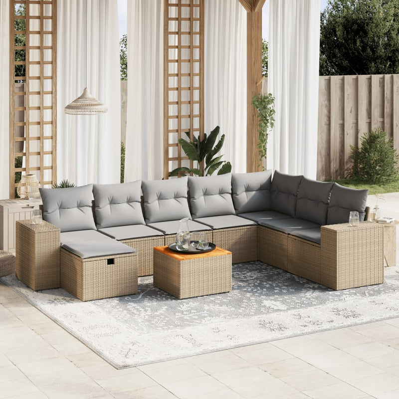 9-delige Loungeset met kussens poly rattan gemengd beige
