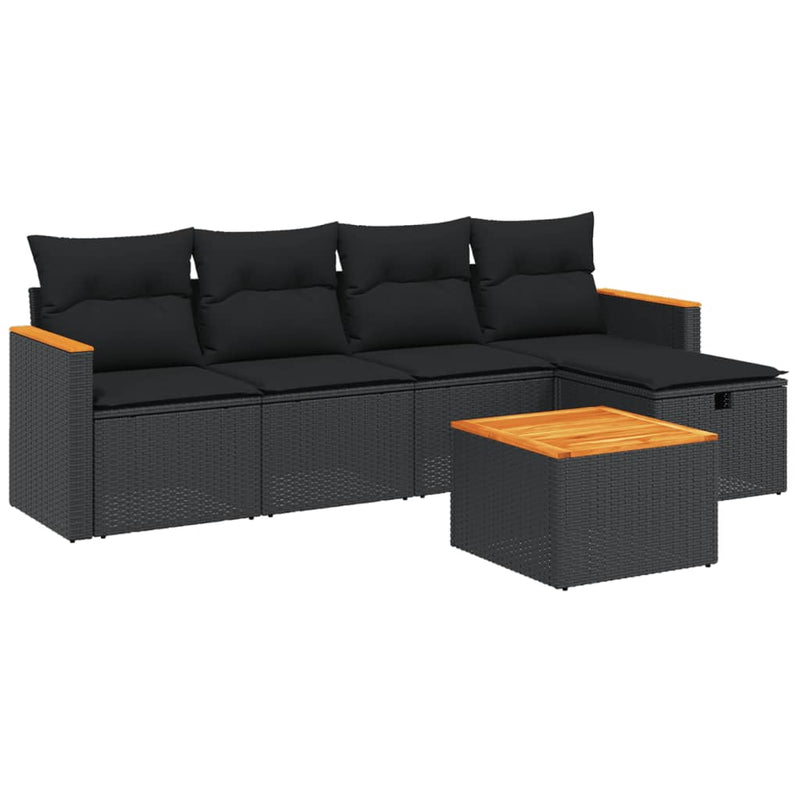 6-delige Loungeset met kussens poly rattan zwart