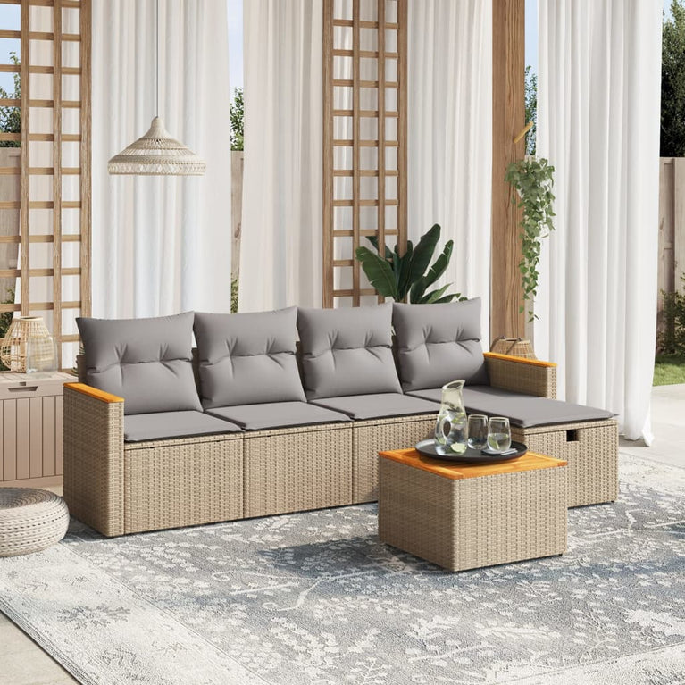 6-delige Loungeset met kussens poly rattan gemengd beige