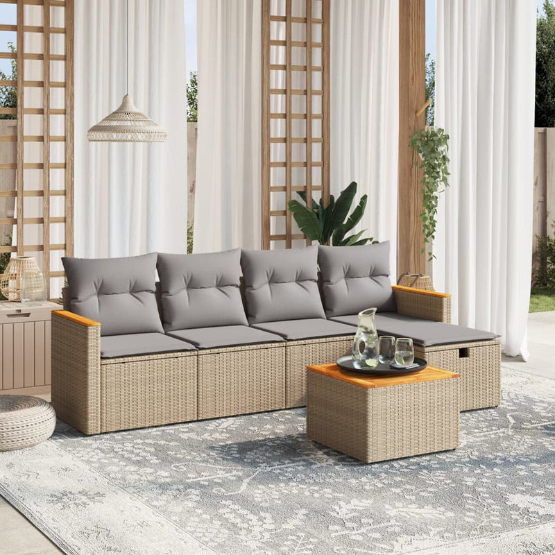 6-delige Loungeset met kussens poly rattan gemengd beige