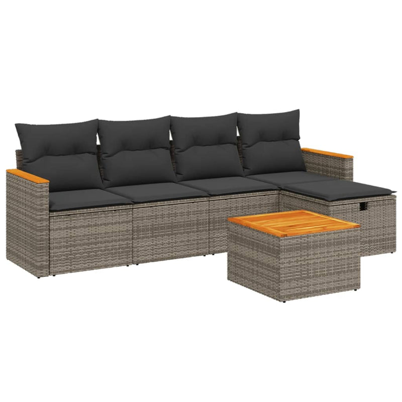 6-delige Loungeset met kussens poly rattan grijs