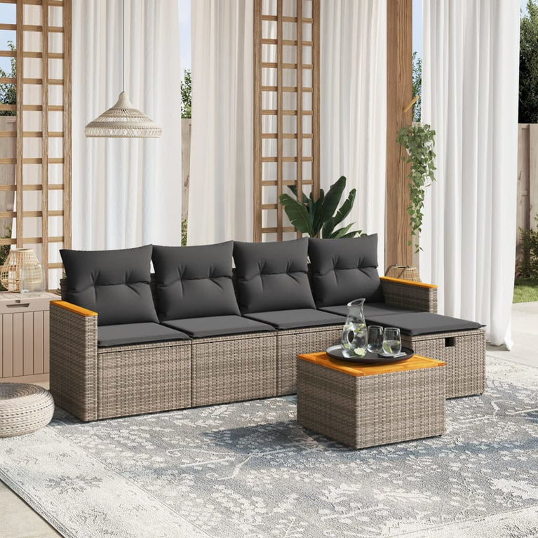 6-delige Loungeset met kussens poly rattan grijs