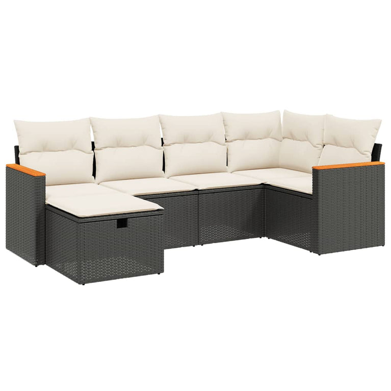6-delige Loungeset met kussens poly rattan zwart