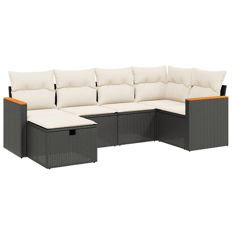6-delige Loungeset met kussens poly rattan zwart