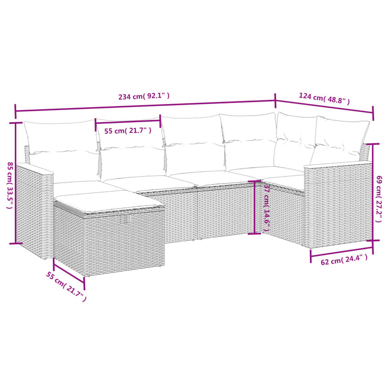 6-delige Loungeset met kussens poly rattan beige