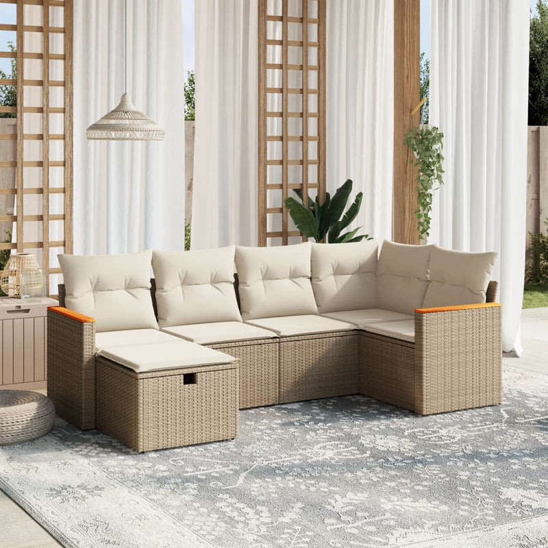 6-delige Loungeset met kussens poly rattan beige