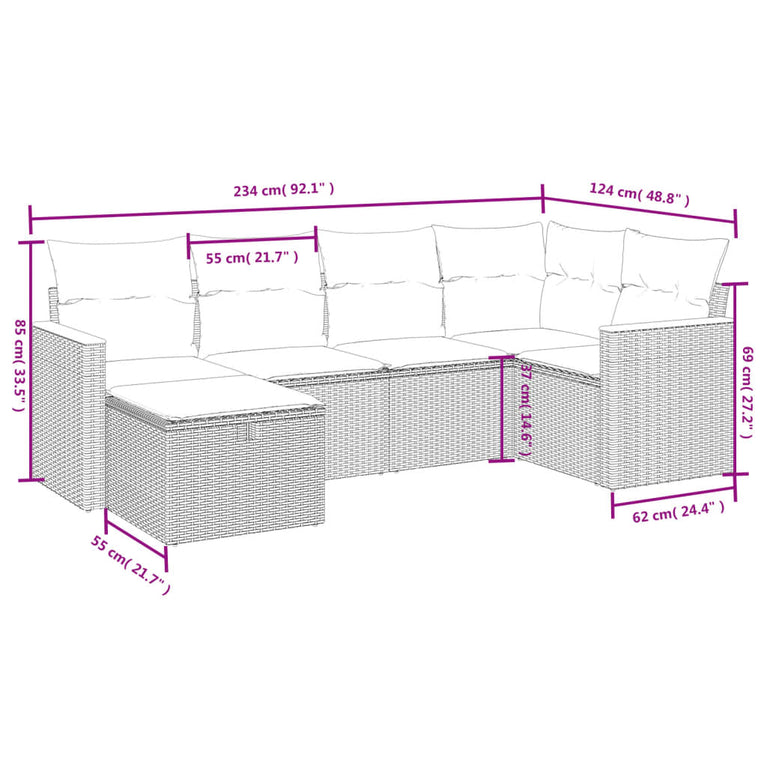6-delige Loungeset met kussens poly rattan gemengd beige