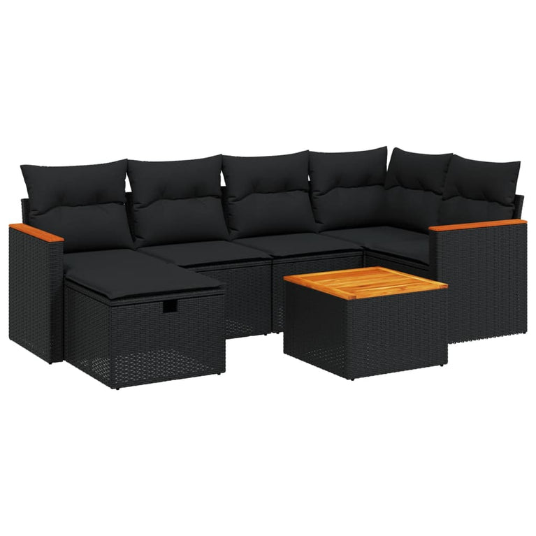 7-delige Loungeset met kussens poly rattan zwart