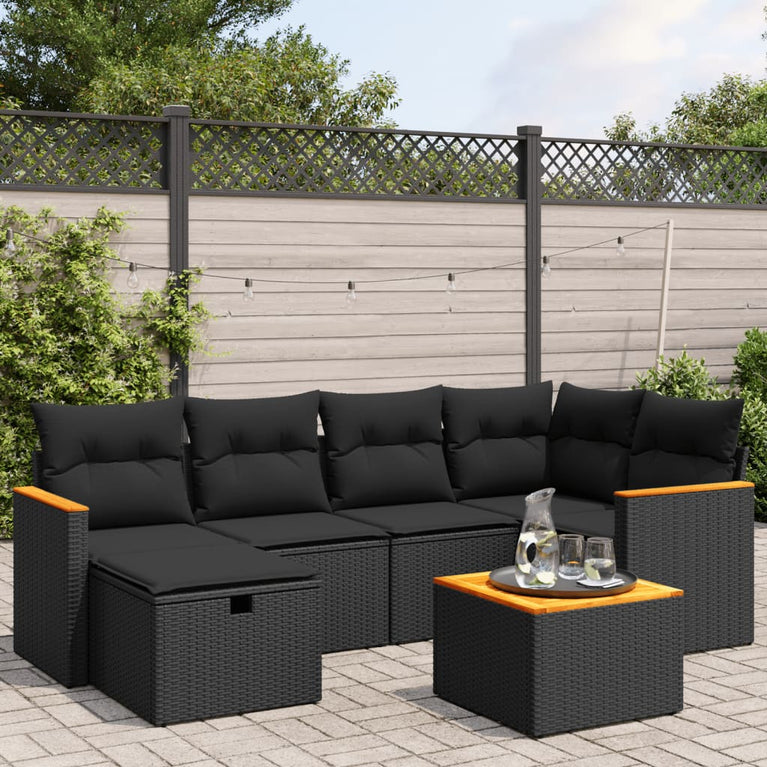 7-delige Loungeset met kussens poly rattan zwart