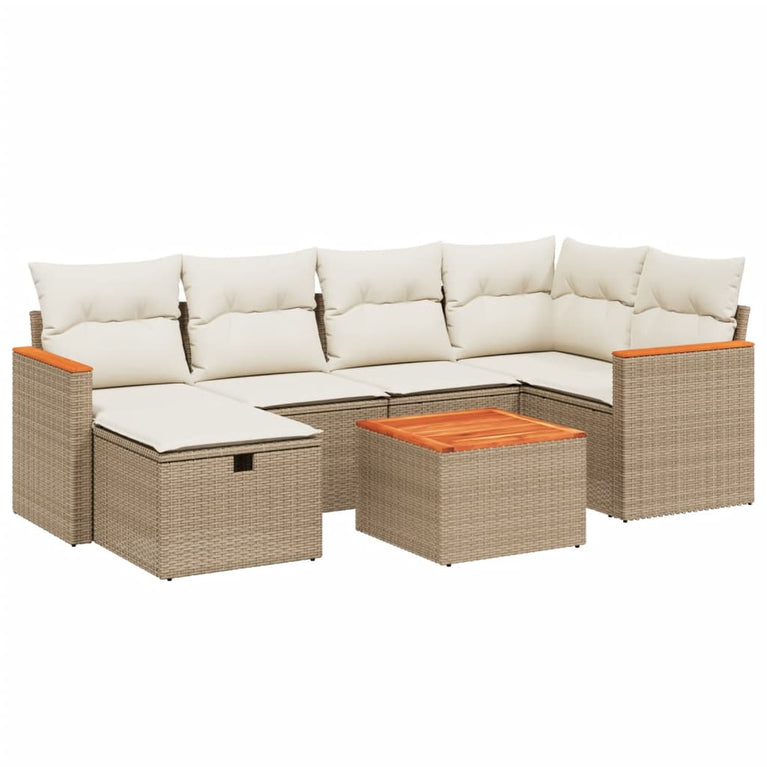 7-delige Loungeset met kussens poly rattan beige