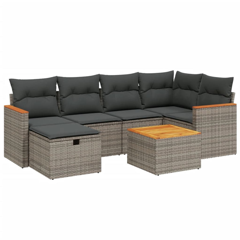 7-delige Loungeset met kussens poly rattan grijs