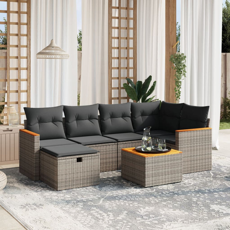 7-delige Loungeset met kussens poly rattan grijs