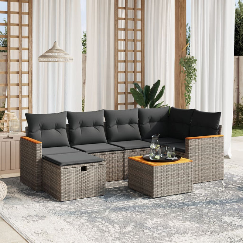 7-delige Loungeset met kussens poly rattan grijs