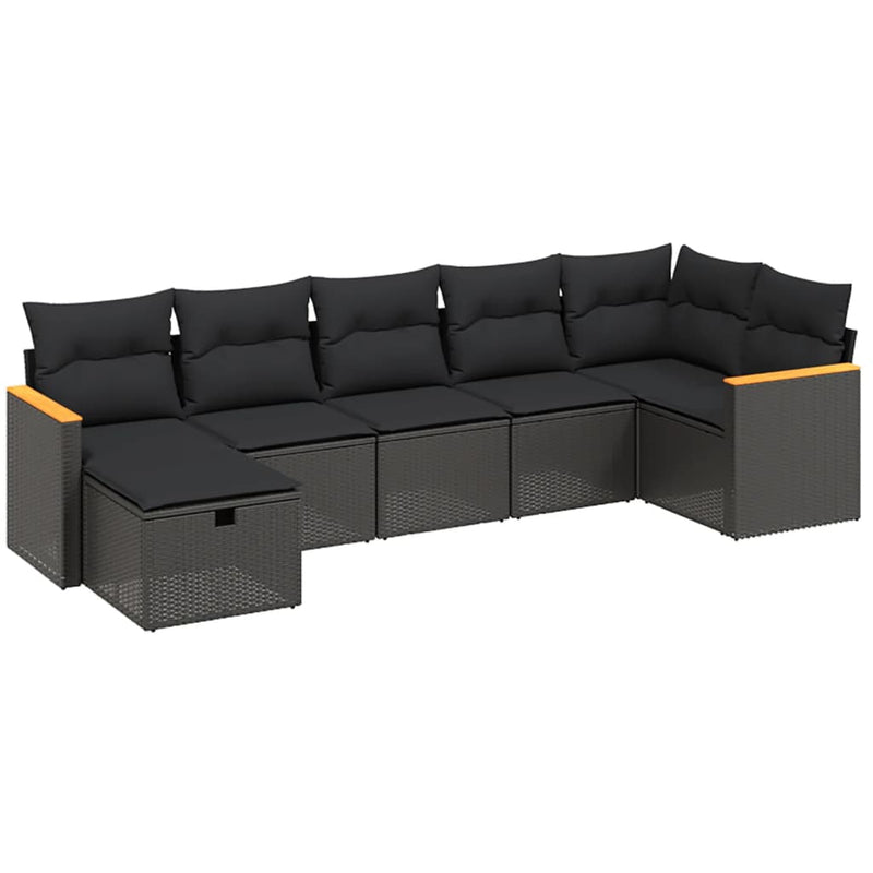 7-delige Loungeset met kussens poly rattan zwart