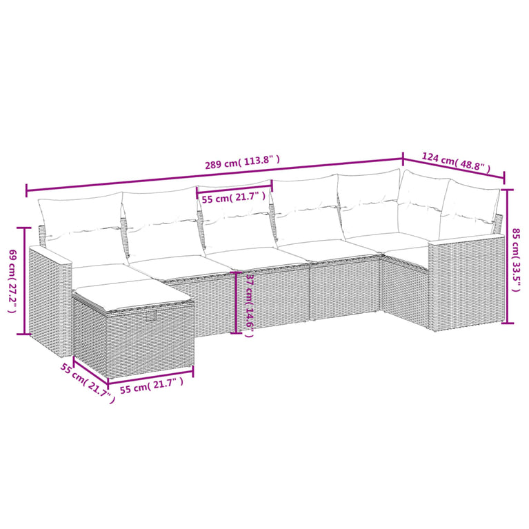 7-delige Loungeset met kussens poly rattan zwart