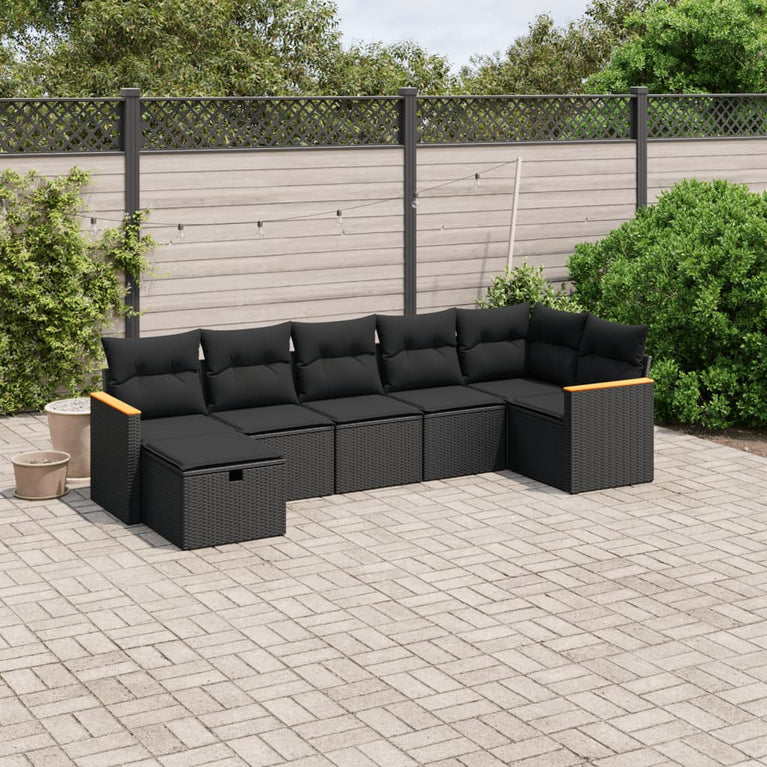 7-delige Loungeset met kussens poly rattan zwart