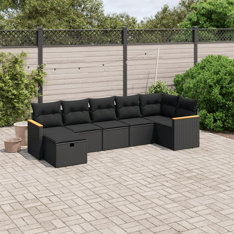 7-delige Loungeset met kussens poly rattan zwart