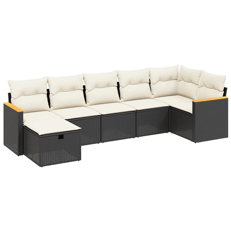 7-delige Loungeset met kussens poly rattan zwart
