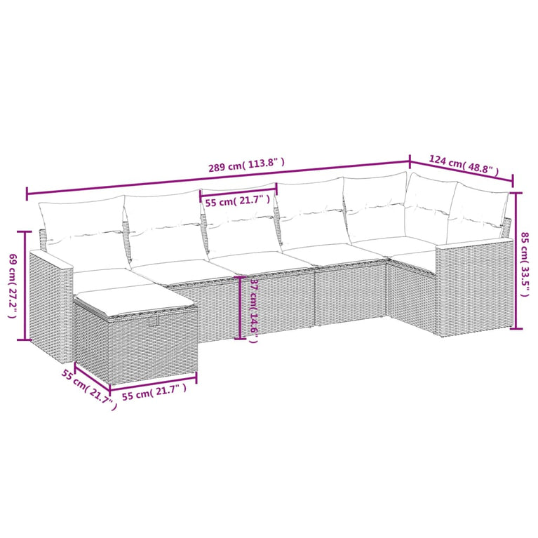 7-delige Loungeset met kussens poly rattan zwart
