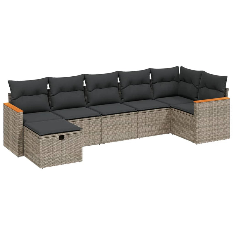 7-delige Loungeset met kussens poly rattan grijs
