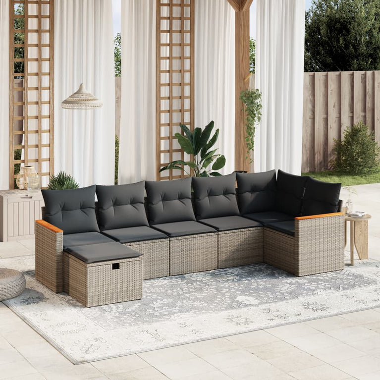 7-delige Loungeset met kussens poly rattan grijs