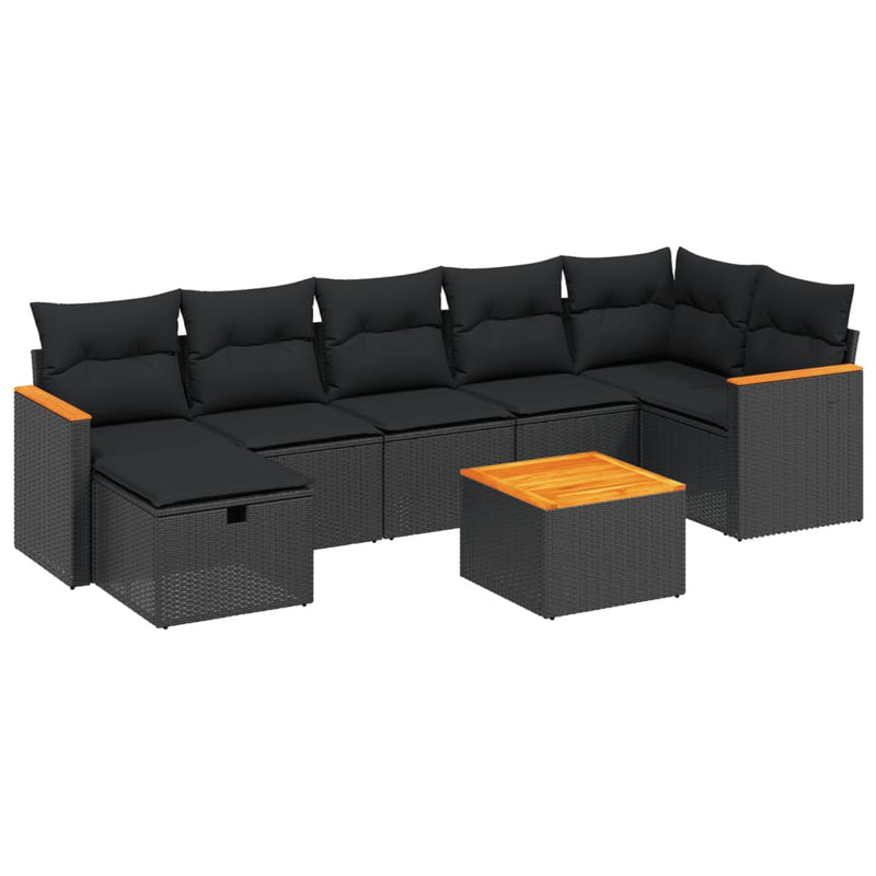 8-delige Loungeset met kussens poly rattan zwart