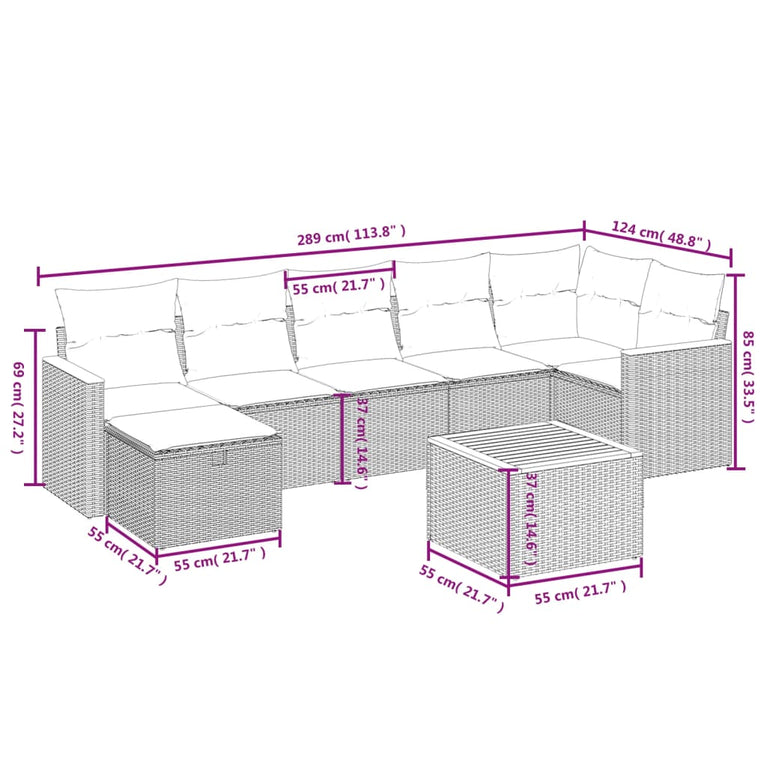 8-delige Loungeset met kussens poly rattan beige