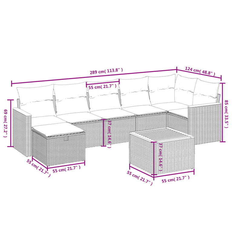 8-delige Loungeset met kussens poly rattan gemengd beige