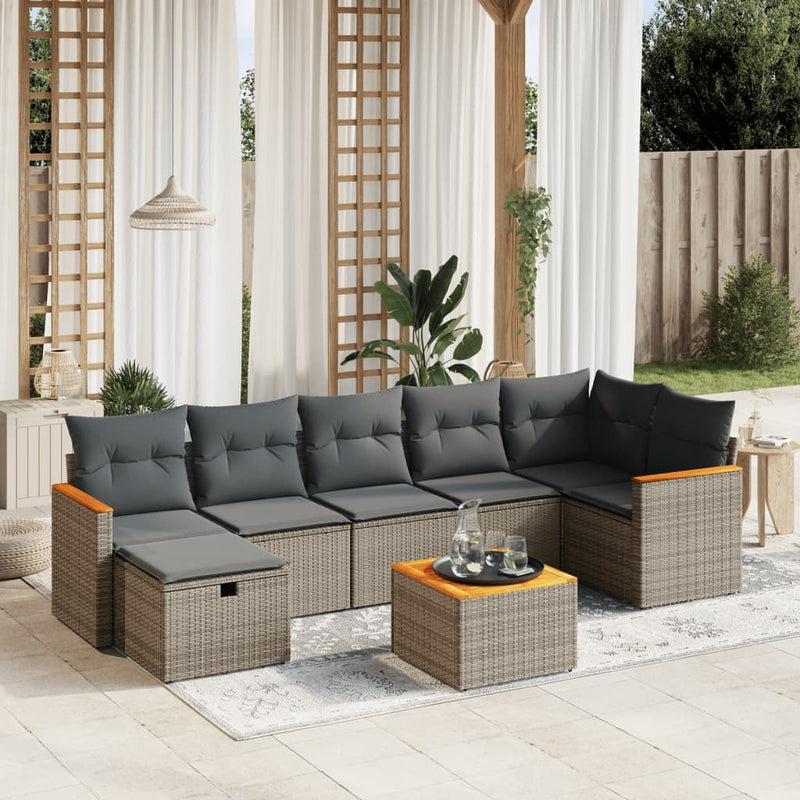 8-delige Loungeset met kussens poly rattan grijs