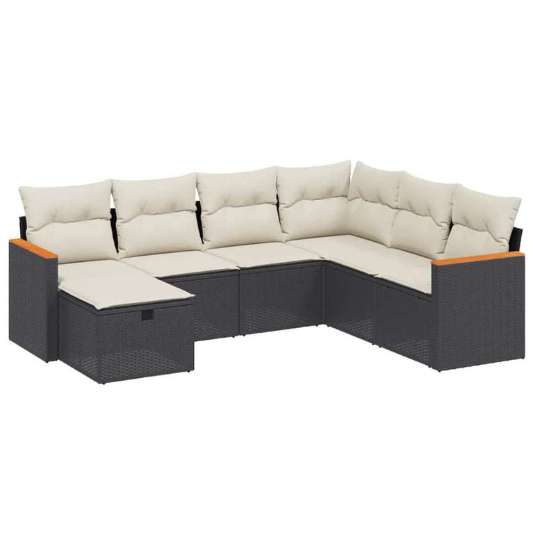 7-delige Loungeset met kussens poly rattan zwart