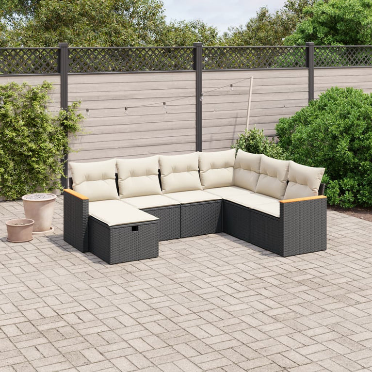 7-delige Loungeset met kussens poly rattan zwart