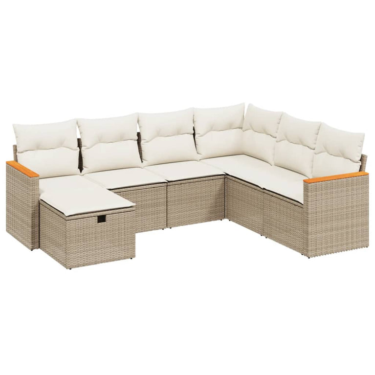 7-delige Loungeset met kussens poly rattan beige
