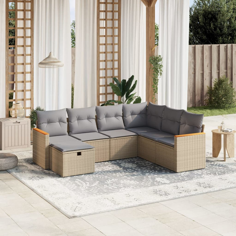 7-delige Loungeset met kussens poly rattan gemengd beige