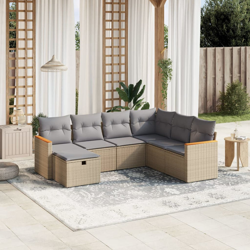 7-delige Loungeset met kussens poly rattan gemengd beige