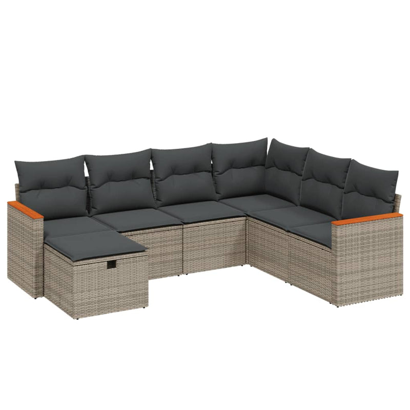 7-delige Loungeset met kussens poly rattan grijs