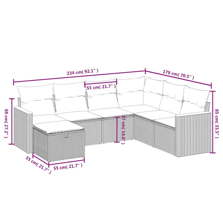 7-delige Loungeset met kussens poly rattan grijs