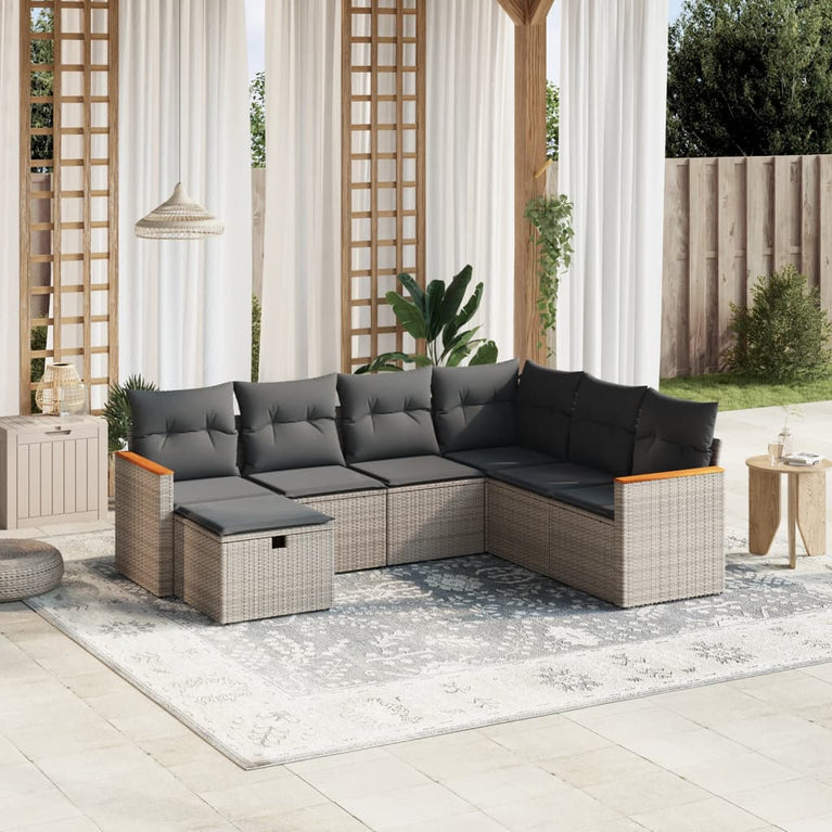 7-delige Loungeset met kussens poly rattan grijs