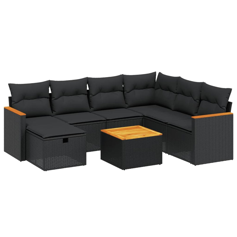 8-delige Loungeset met kussens poly rattan zwart
