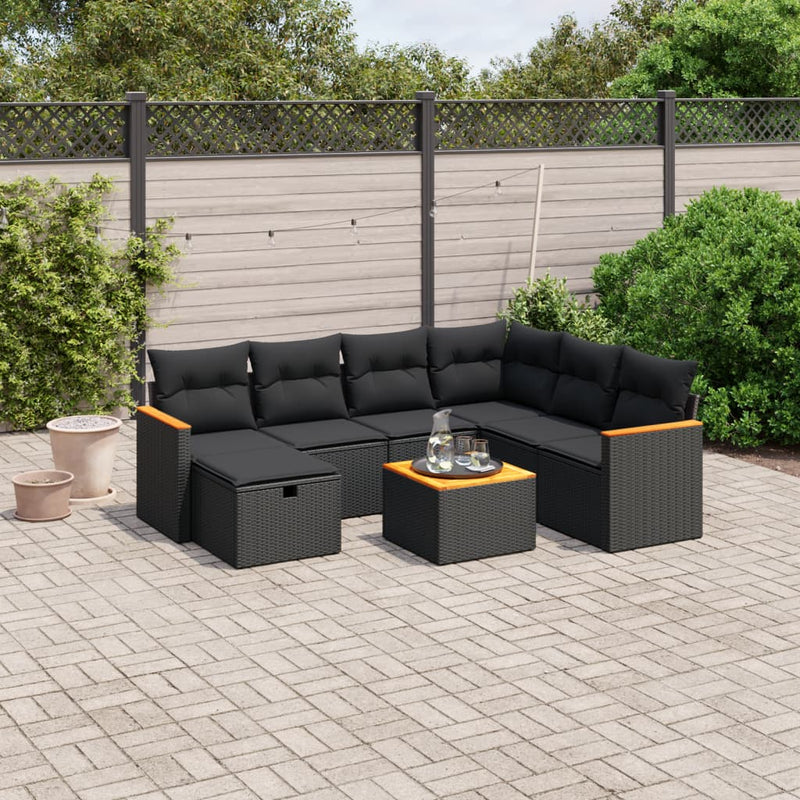 8-delige Loungeset met kussens poly rattan zwart