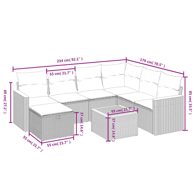 8-delige Loungeset met kussens poly rattan gemengd beige