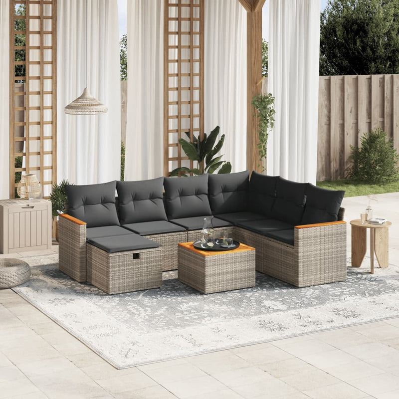 8-delige Loungeset met kussens poly rattan grijs