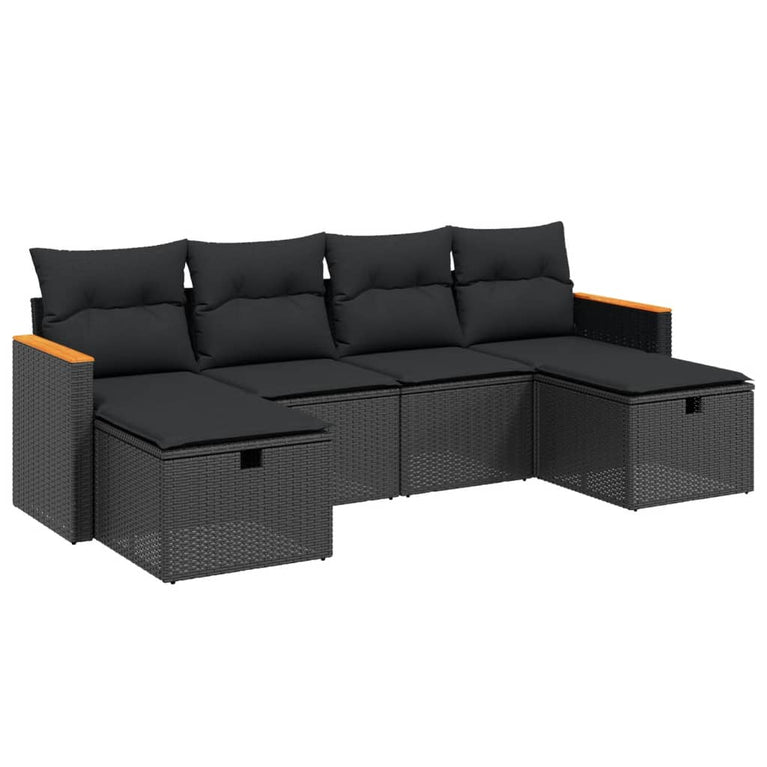 6-delige Loungeset met kussens poly rattan zwart