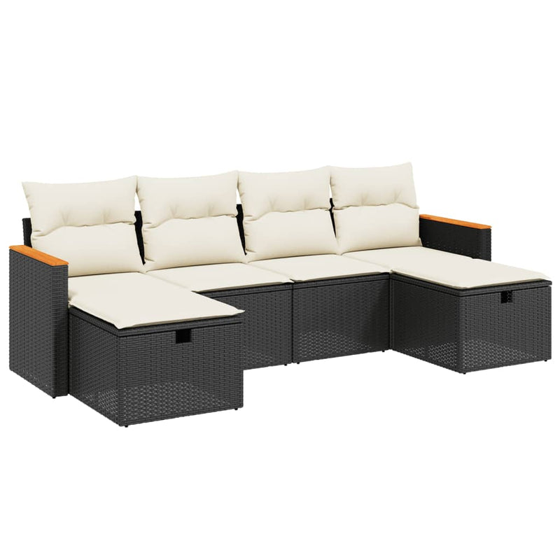 6-delige Loungeset met kussens poly rattan zwart