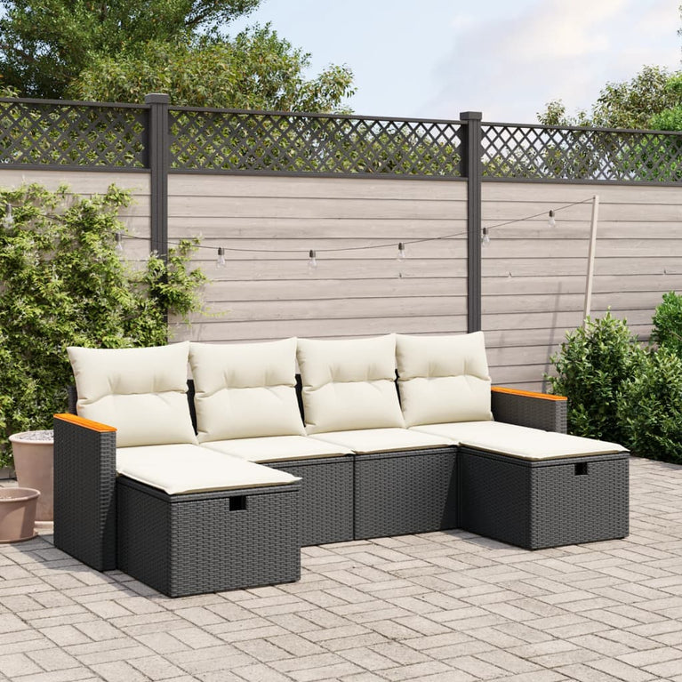 6-delige Loungeset met kussens poly rattan zwart