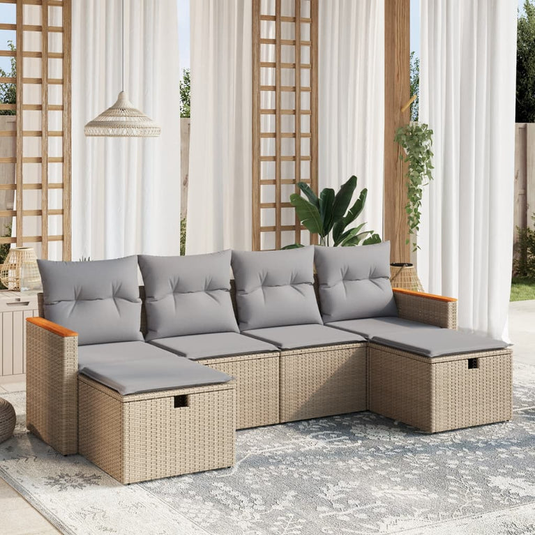 6-delige Loungeset met kussens poly rattan gemengd beige